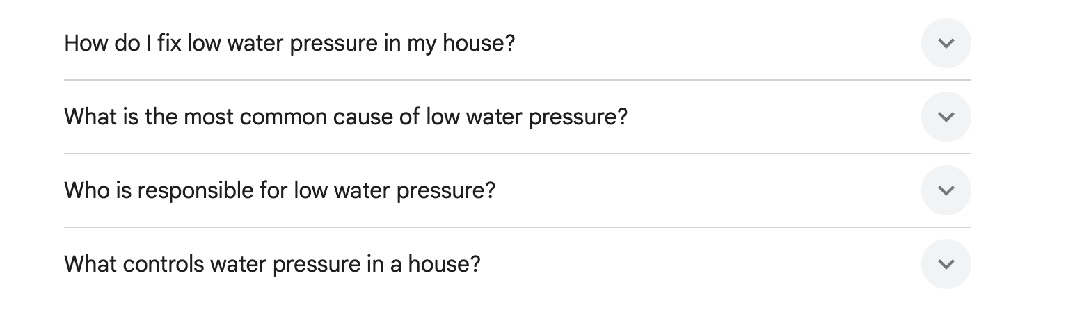 Google People Also Ask section showing water pressure questions