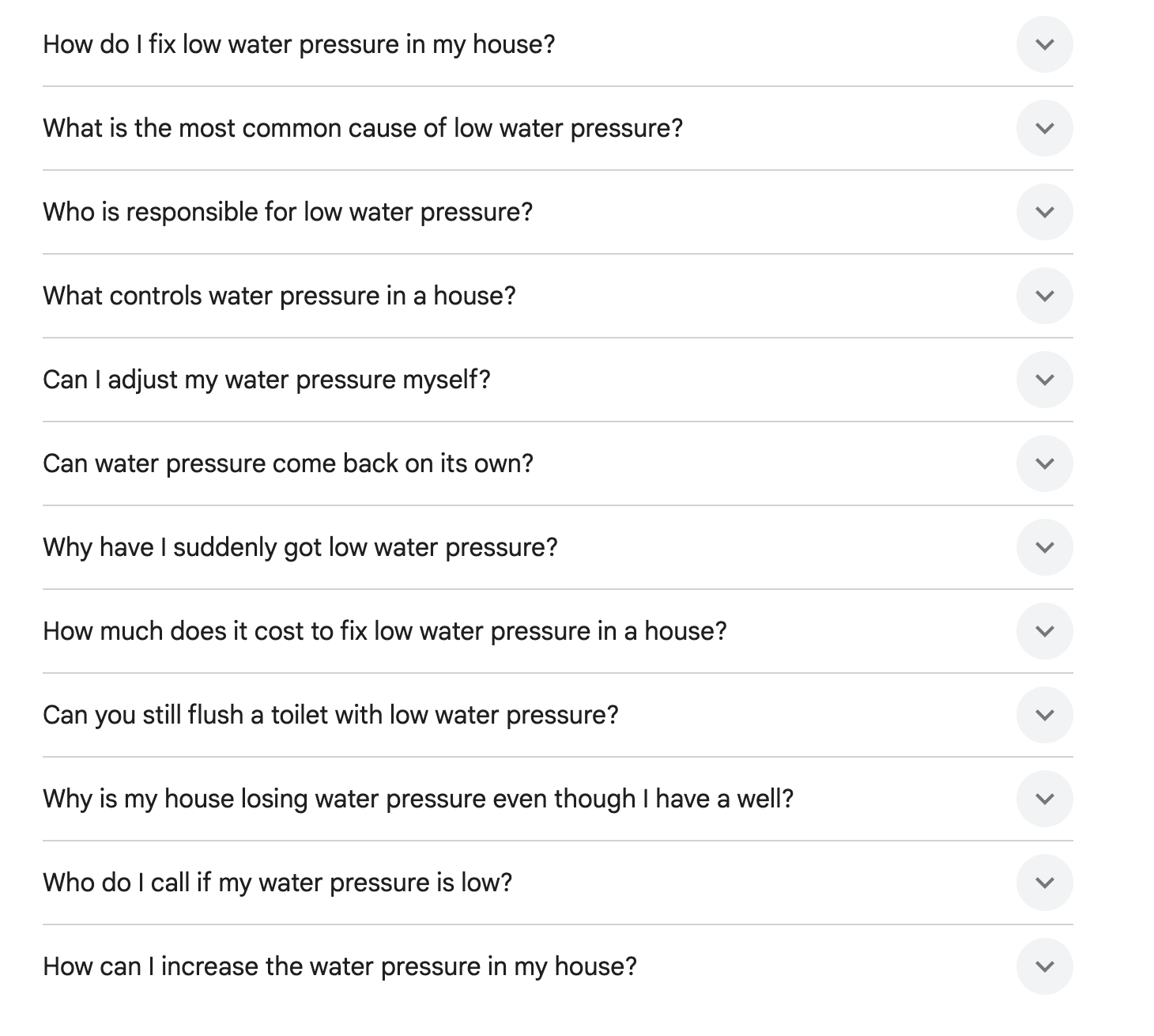 Expanded People Also Ask section with more water pressure questions